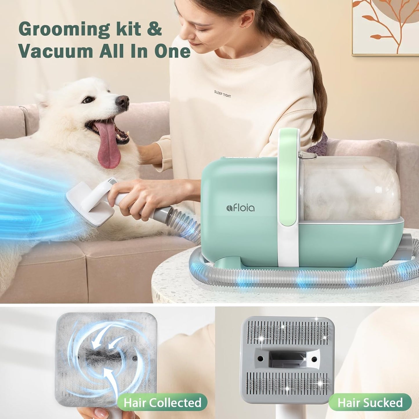 Afloia Dog Grooming Kit, Pet Grooming Vacuum & Dog Clippers Nail Trimmer Grinder & Dogs Brush for Shedding with 6 Pets Groom Tools, Low Noise Dogs Hair Remover Pets Supplies (White)