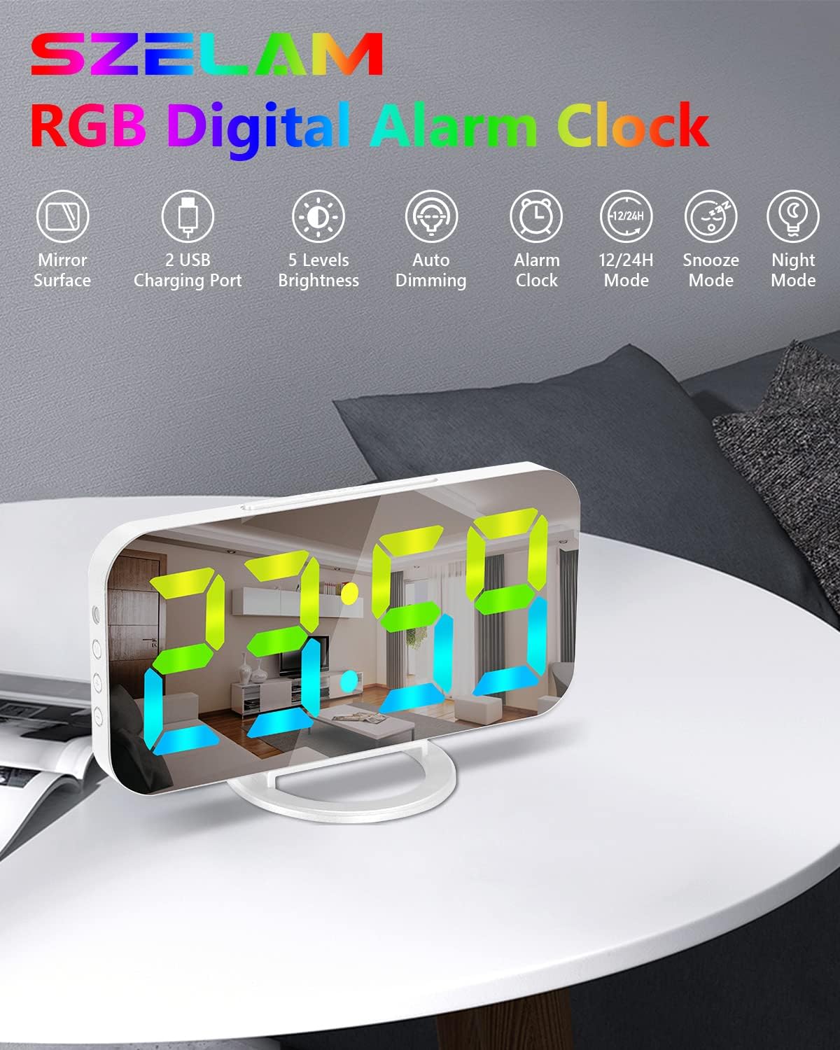 SZELAM Digital Clock Large Display, LED Alarm Electric Clocks Mirror Surface for Makeup with Diming Mode, 3 Levels Brightness, Dual USB Ports Modern Decoration for Home Bedroom Decor-Black
