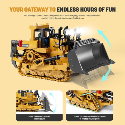 Remote Control Bulldozer Toy for Kids – 9-Channel RC Construction Vehicle with Metal Blade, Lights & Sound, 1:20 Scale Alloy Dozer for Boys Ages 3+, Rechargeable - PuriLite