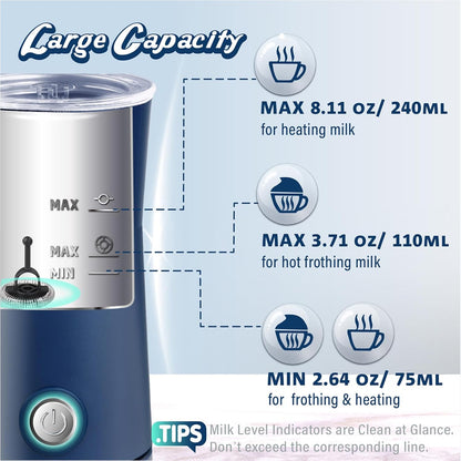 Huogary Milk Forther Simple Milk Frother and Milk Steamer 2 in 1 with Hot Milk Frother and Hot Milk for Milk, Macchiato, Cappuccinos (Blue)