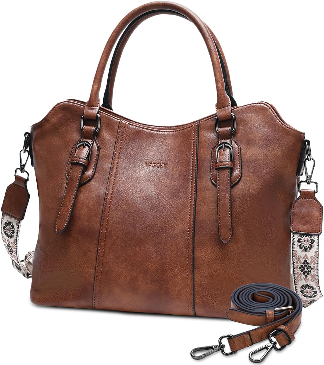 Hobo Bags for Women,VASCHY Vegan Leather Handbag Purse Top Handle Satchel Boho Shoulder Bag with Crossbody Guitar Strap