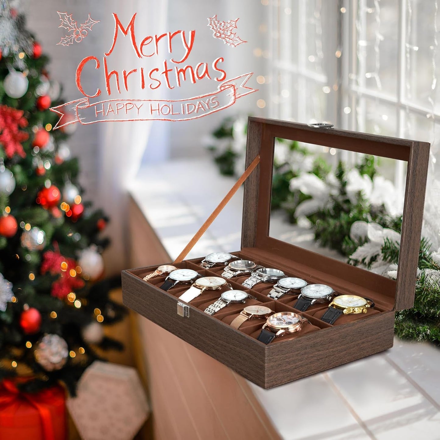 Ohuhu Watch Box Organizer for Men -12 Slot Leather Watch Case with Real Glass Lid Watch Display Case, Watch Organizer Jewelry Storage Box