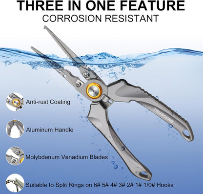 TRUSCEND Lockable Handy Fishing Pliers with Innovative Ergonomic Handle, Saltwater Corrosion Resistant Teflon Coated Fishing Tool, Multi-Function Fishing Gear with Mo-V Cutter, Amazing Fishing Gift