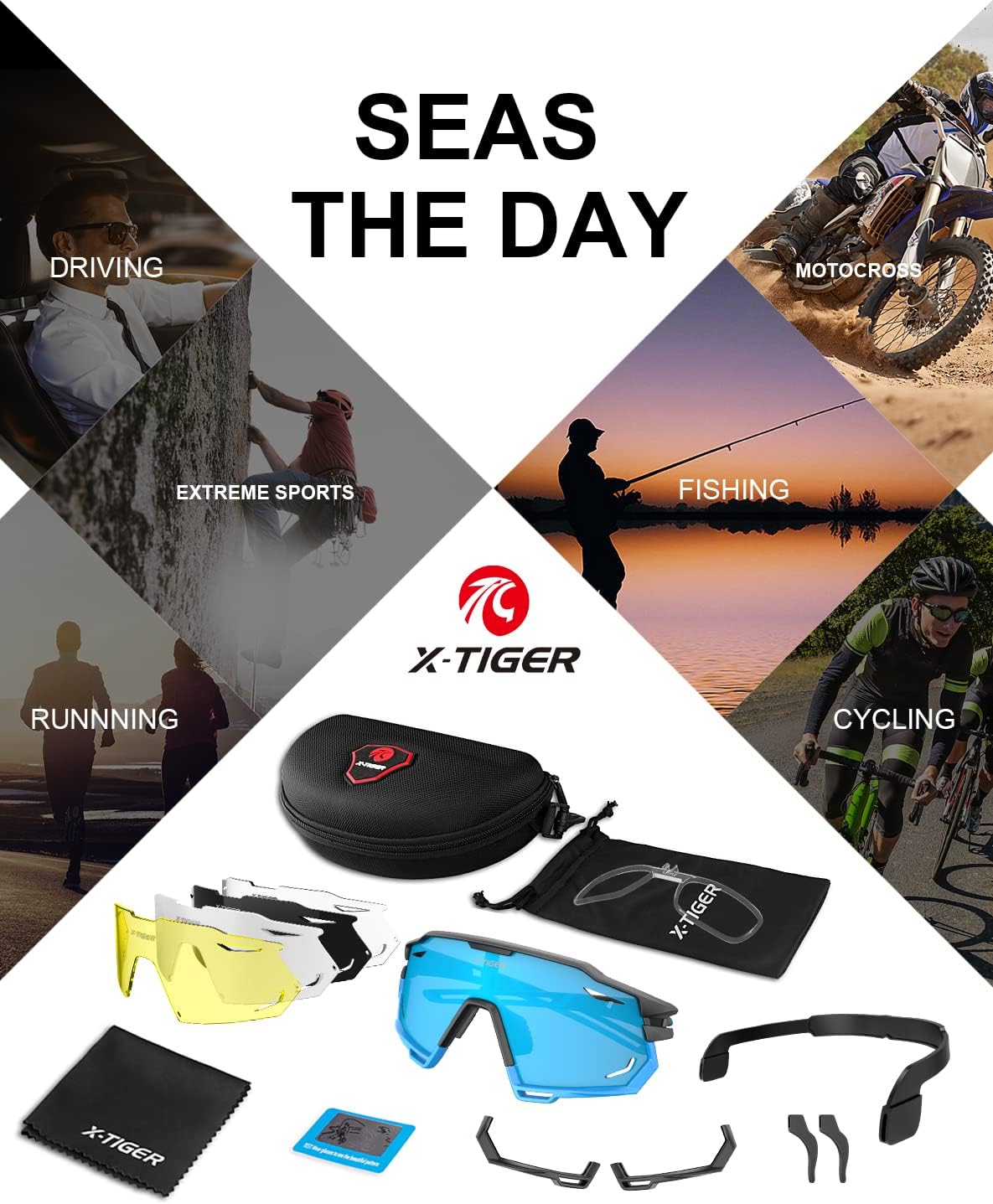 X-TIGER Polarized Cycling Glasses with 5 Interchangeable Lenses,MTB Biking Baseball Running Sports Sunglasses for Men Women