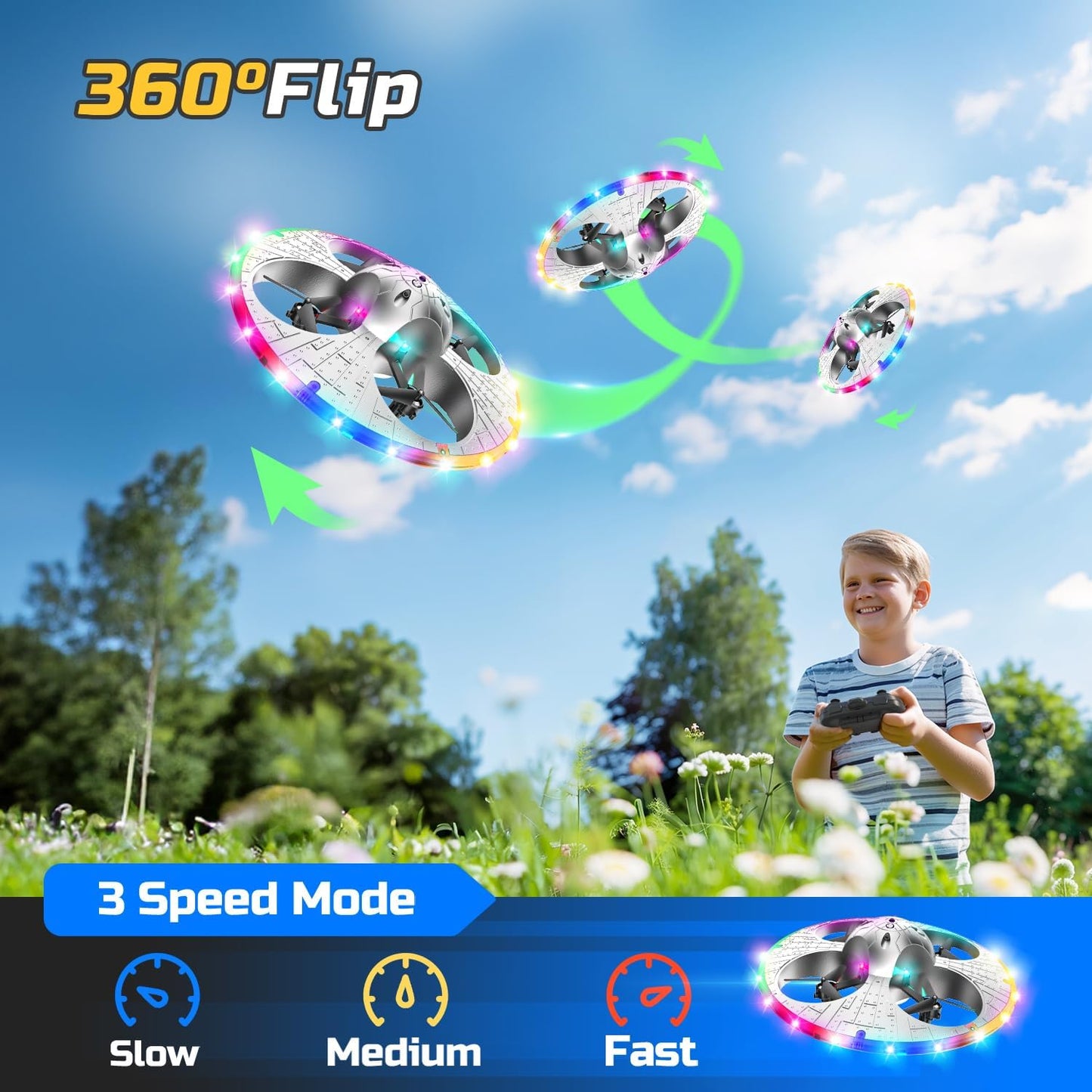 Foam RC Flying Drone for Kids with LED Lights – Remote Control Aircraft with Auto Hover, Easy Controls, 2 Rechargeable Batteries, Colorful Light-Up Toy