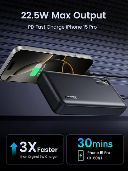 UGREEN 20000mAh Power Bank with 3-port, 0.5M Cable, 22.5W Portable Charger USB Type C Input and Output, PD 3.0 Fast Charging Battery Pack Compatible with iPhone 16/15/14, Galaxy S25/S24, Pixel 8, ipad