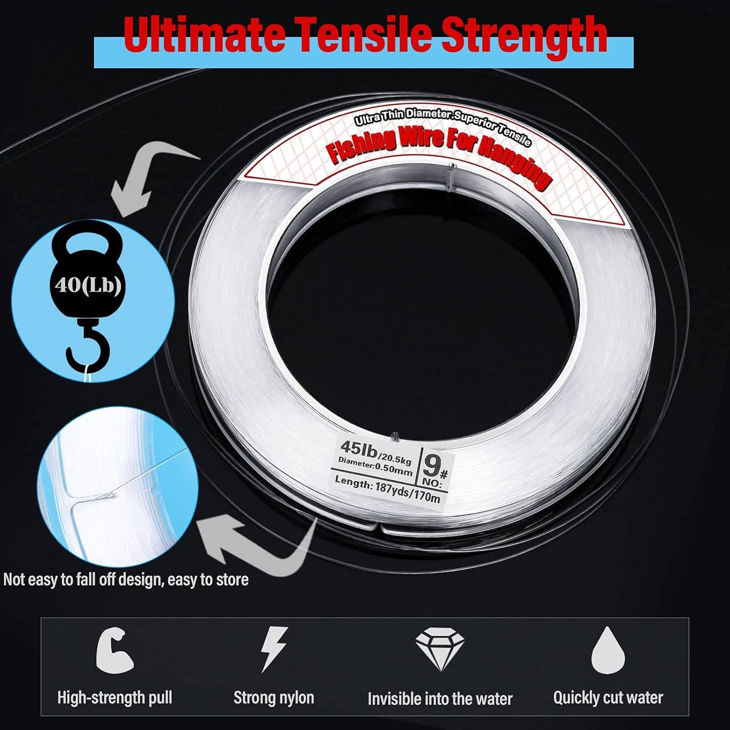 Clear Fishing Wire, Acejoz 656FT Fishing Line Clear Invisible Hanging Wire Strong Nylon String Supports 40 Pounds for Balloon Garland Hanging Decorations