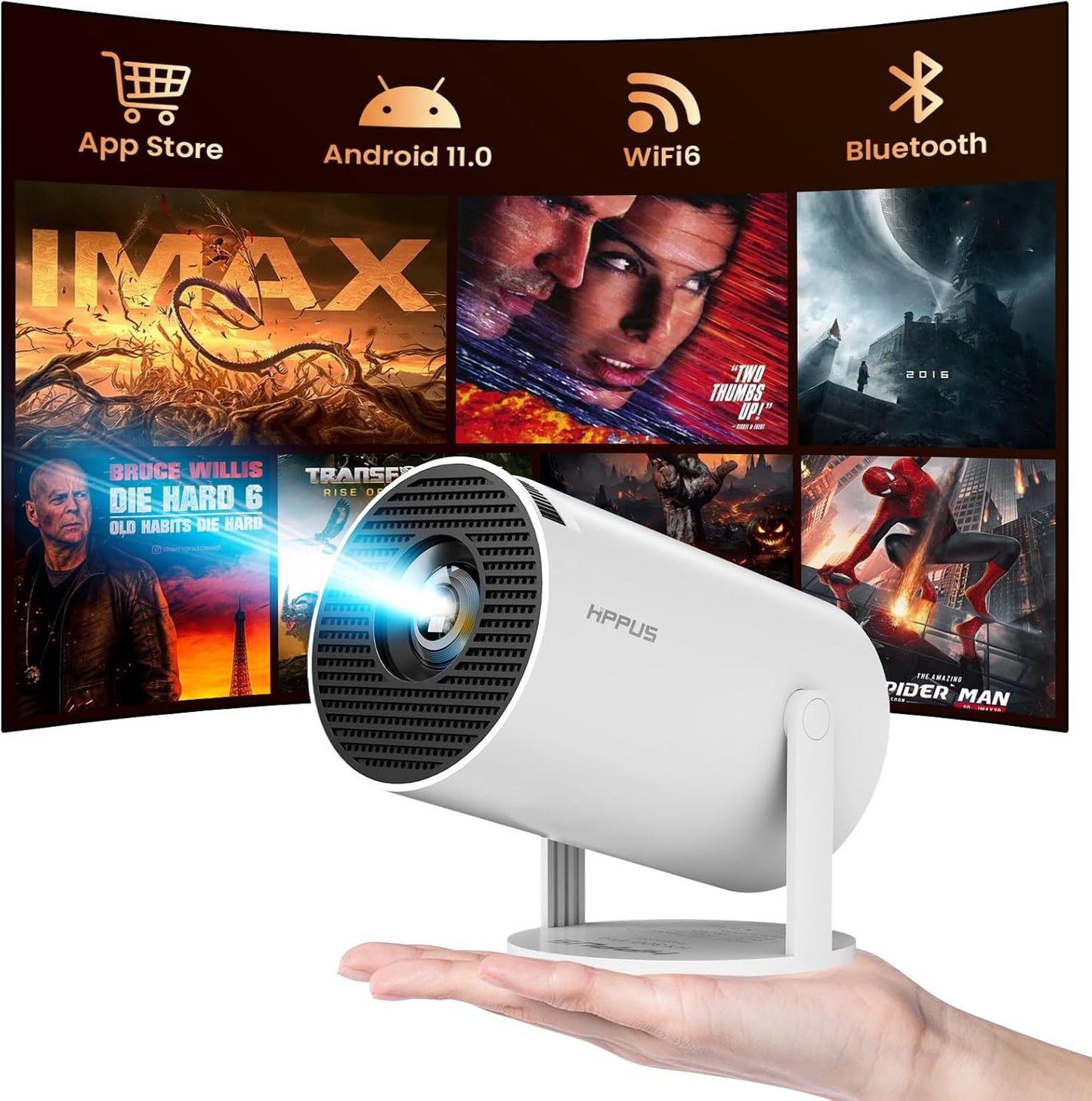 HIPPUS Mini Projector with WiFi 6 and Bluetooth，Full HD 1080P 4K,Android 11.0，180°Rotation，Portable Projector,Auto Keystone,2.4G/5G Wi-Fi6,Compatible with TV Stick/Smartphone/HDMI/USB（White）
