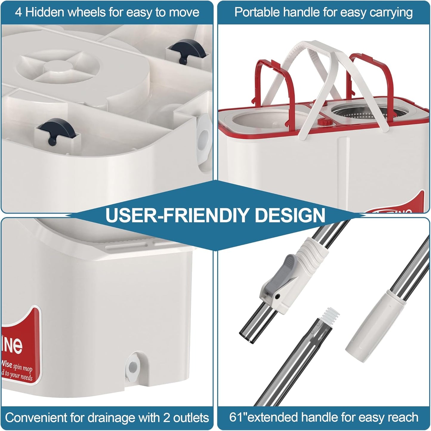 RinseWise Spin Mop and Bucket Separate Clean and DirtyWater, Mop and Bucket with Wringer Set, 4-Chamber Commercial Spinning Mopping Bucket Cleaning Supplies with 8 Microfiber Replacement Head Refills