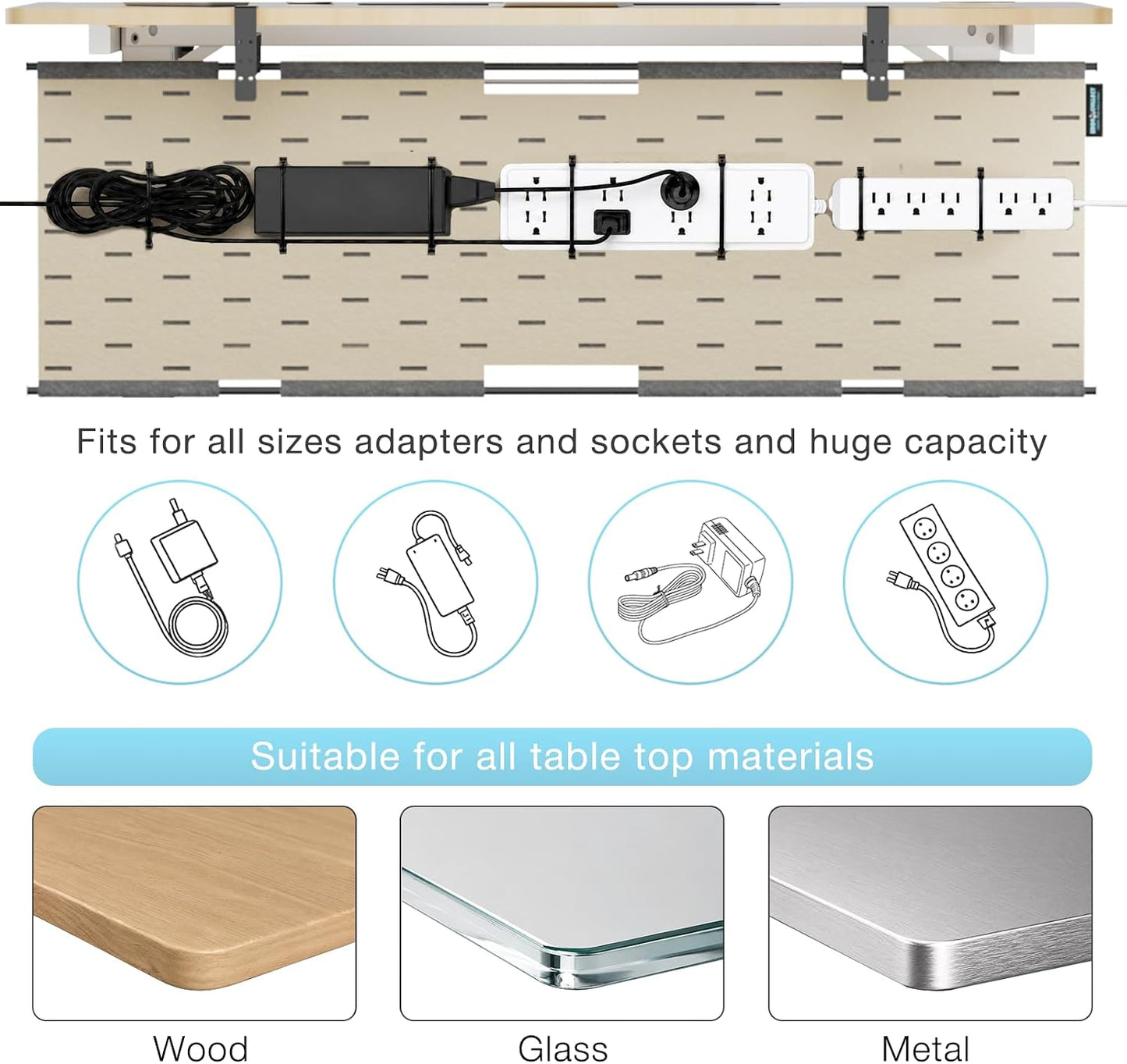 No Drill Under Desk Cable Management Tray, 45.2" Large Felt Cord Organizer with Pegboard-Style Design, Power Strip Holder, Privacy Panel for Standing Desk & Home Office, Clamp/Screw Mount(Gray/Khaki)