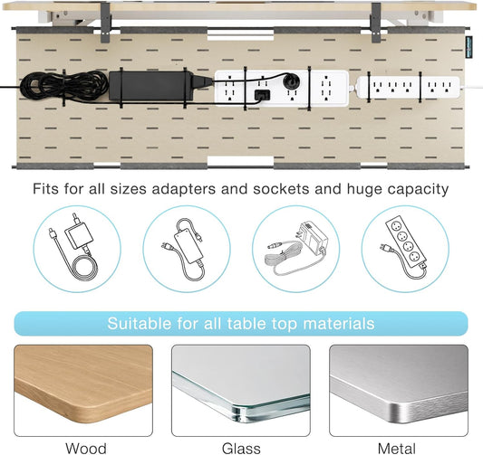 No Drill Under Desk Cable Management Tray, 45.2" Large Felt Cord Organizer with Pegboard-Style Design, Power Strip Holder, Privacy Panel for Standing Desk & Home Office, Clamp/Screw Mount(Gray/Khaki)