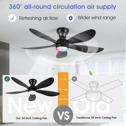Modern Ceiling Fans with Lights Remote/APP Control, 29" Flush Mount Ceiling Fans with 3 CCT Dimmable Lights, Low Profile Ceiling Fans with 5 Propeller Blades LED Lights for Kids Room Bedroom, Brown - PuriLite