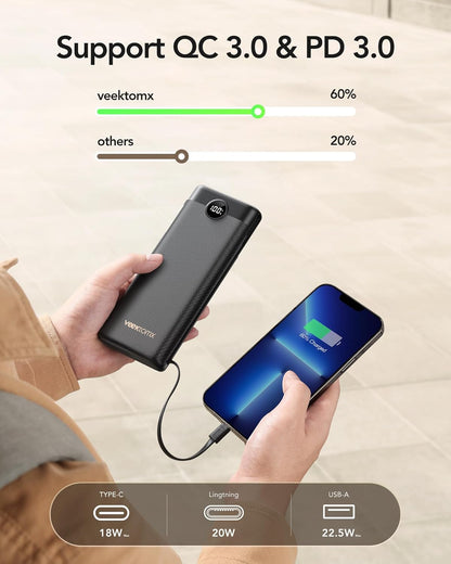 VEEKTOMX Power Bank with Built-in Cables 10000mAh Portable Charger for iPhone Slim Fast Charge USB C Battery Pack Travel Essentials Powerbank Compatible with iPhone, Samsung, Android, etc