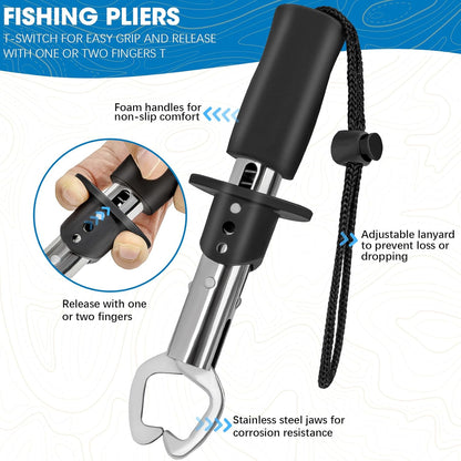 THKFISH 7 Pcs Fishing Tool Kit, Fishing Backpack with Fishing Pliers Tackle Kits, Fish Hook Remover Tools, Fish Plier with Sheath and Tool Lanyards, Digital Fishing Weight Scale