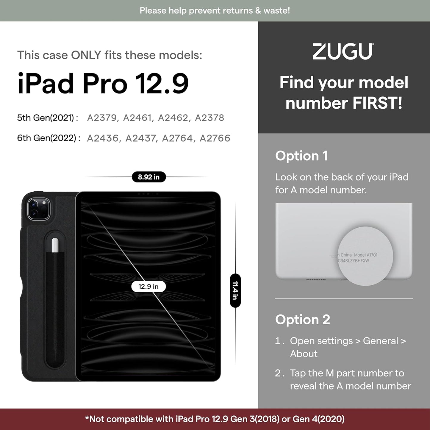 ZUGU iPad Pro 12.9 Case 2022/2021 6th & 5th Generation - Ultra Slim Protective Cover - Wireless Apple Pencil Charging - Convenient 10-Angle Magnetic Stand & Auto Sleep/Wake [ Black ]