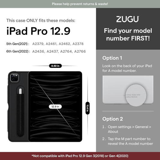 ZUGU iPad Pro 12.9 Case 2022/2021 6th & 5th Generation - Ultra Slim Protective Cover - Wireless Apple Pencil Charging - Convenient 10-Angle Magnetic Stand & Auto Sleep/Wake [ Black ] - PuriLite