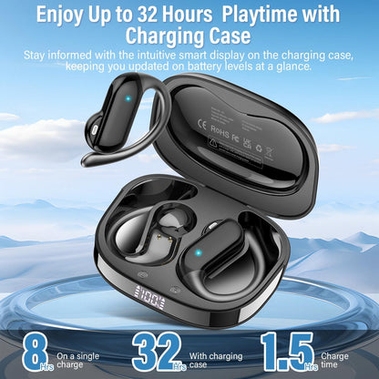 Open Ear Headphones, Bluetooth 5.4 Wireless Earbuds with HD Clear Calls, 32Hrs Immersive Stereo Air Conduction Earphones with Earhooks, LED Display, IPX7 Lightweight Open Ear Buds for Sports Blue