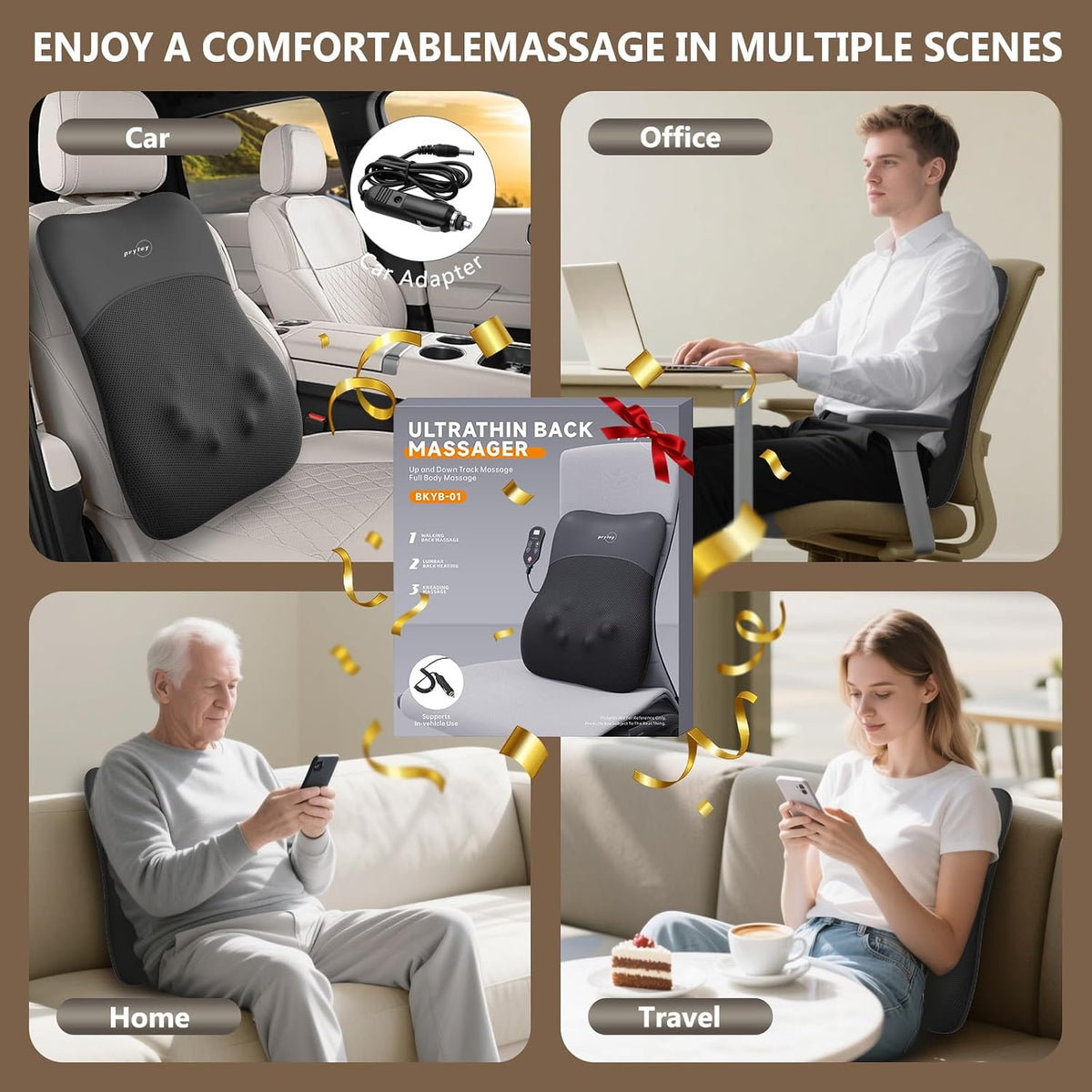 Back Massager, Rolling Up and Down Back Massager with Heat, Back Massage 4D Kneading for Pain Relief Deep Tissue, Ultrathin Shoulder Massager Gift for Women Men Parents Christmas