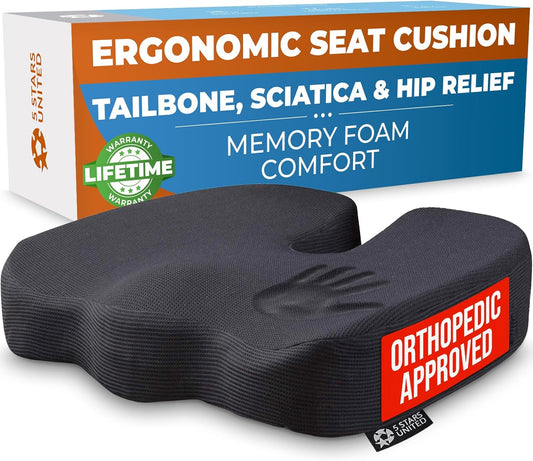 5 STARS UNITED Seat Cushion for Desk Chair - Tailbone, Coccyx Sciatica Pain Relief - Wheelchair Cushions, Black Mesh