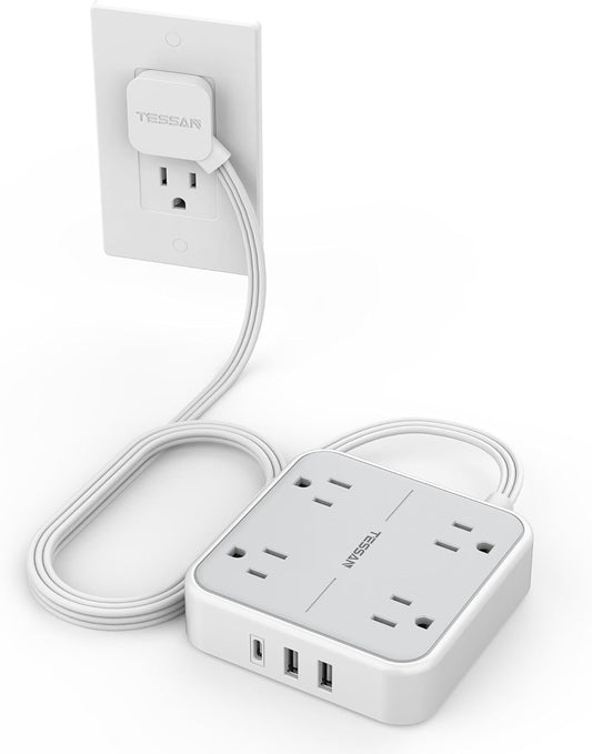 Flat Plug Power Bars with Surge Protector, Flat Extension Cord Indoor 5 Feet, TESSAN Power Strip with 4 Multiple Outlets 3 USB Ports (1 USB C), Surge Protection for Dorm Room Home Office, Gray