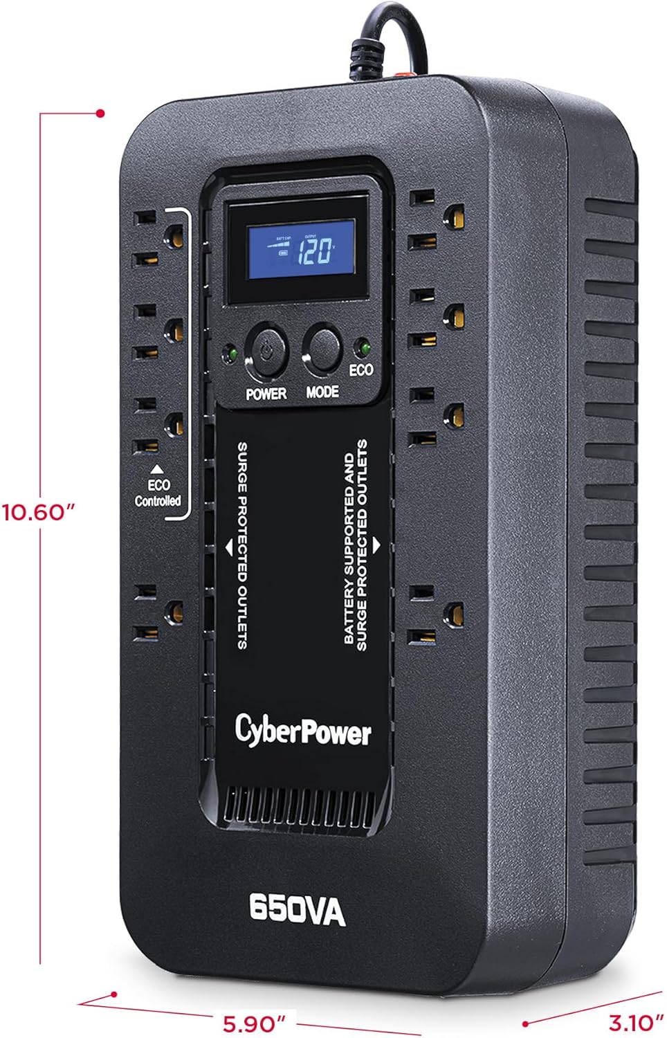 CyberPower EC850LCD Ecologic Battery Backup & Surge Protector UPS System, 850VA/510W, 12 Outlets, ECO Mode, Compact, Uninterruptible Power Supply