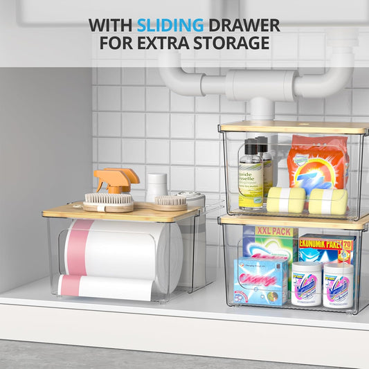 Clear Trash Bag Dispenser with Bamboo Lid and Sliding Drawer – Large Capacity Garbage Bag Holder for Kitchen, Under Sink, Laundry Room Organization - PuriLite
