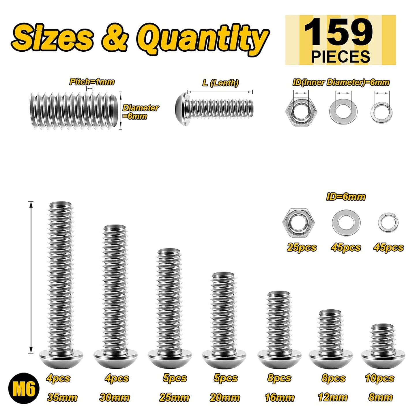 Mywish 900Pcs Metric Screw Assortment, M3 M4 M5 M6 Screw Assortment Kit 304 Stainless Steel Hex Socket Button Head Socket Cap Metric Screws Bolts & Flat Washers/Nuts/Hex Wrenches 16 Sizes 8MM to 20MM