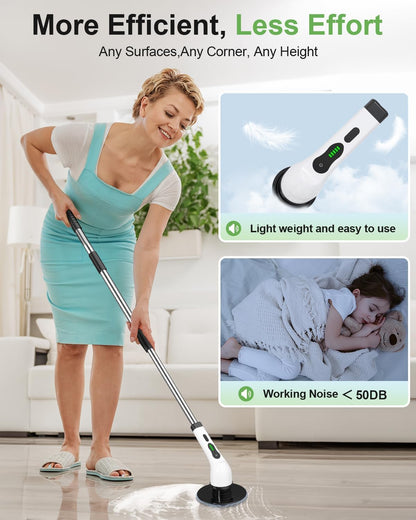 Electric Spin Scrubber, Cordless Kitchen Brushes, Bathroom Shower Cleaner with 9 Brush Heads, 2H Power Dual Speed, Adjustable Extension Handle, IPX7 Waterproof for Cleaning Brush