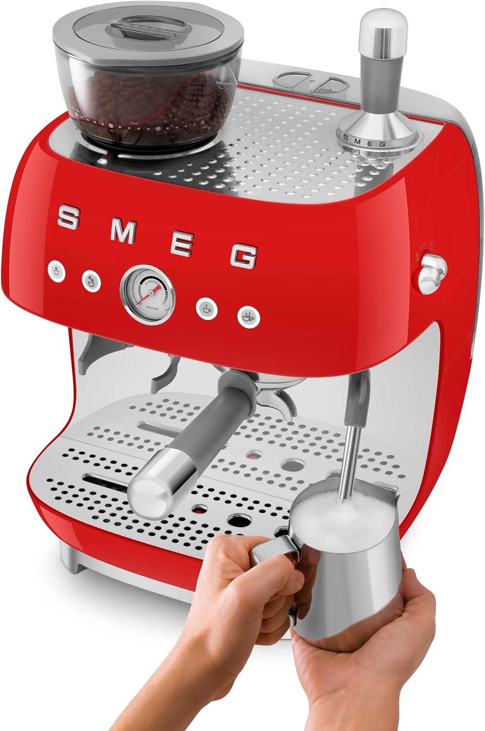 Smeg 50's Retro Style Semi-Automatic Espresso Coffee Machine with Built-in Grinder, Coffee & Latte Drinks, Double-Thermoblock Heating System, Red, EGF03RDUS