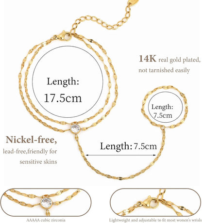 Hand Chain Ring Bracelet For Women, 14k Gold Plated Dainty Cubic Zirconia Minimalist Finger Ring Bracelet, Trendy Stuff Jewelry Gifts To Wife Girfriend Daughter Sister BBF, 17.5cm/7.5cm