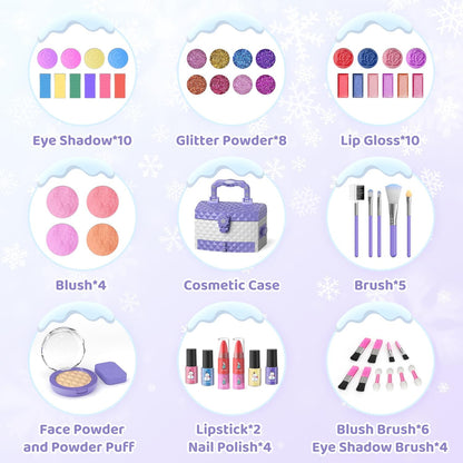 PERRYHOME Kids Makeup Set for Girl 56 Pcs Washable Real Cosmetic, Safe & Non-Toxic Toys Toddler Makeup Kit, Princess Dress up Game Christmas & Birthday Girl Gift for 3-12(Frozen Purple)