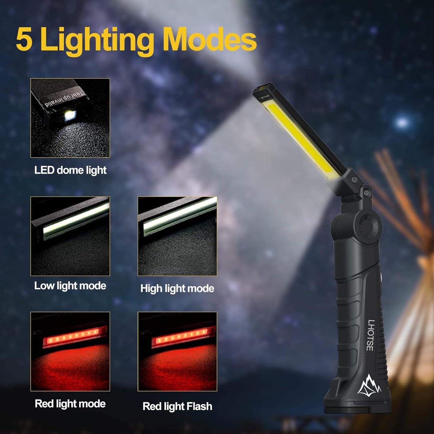 Rechargeable Work Lights, LED Work Light with Magnetic Base and Hanging Hook,360°Rotate 5 Modes Magnetic Rechargeable Flashlights for Mechanics Car Repair, Home, Garage, Emergency,BBQ,Camping(4 Pack)