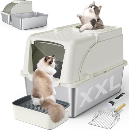 Stainless Steel Litter Box, XXL Large Metal Covered Litter Boxes, Dual Entrance Detachable Cat Litter Box with Lid, 16.6'' High Wall Urine Leak Prevention with Cat Litter Scoop (Gray)