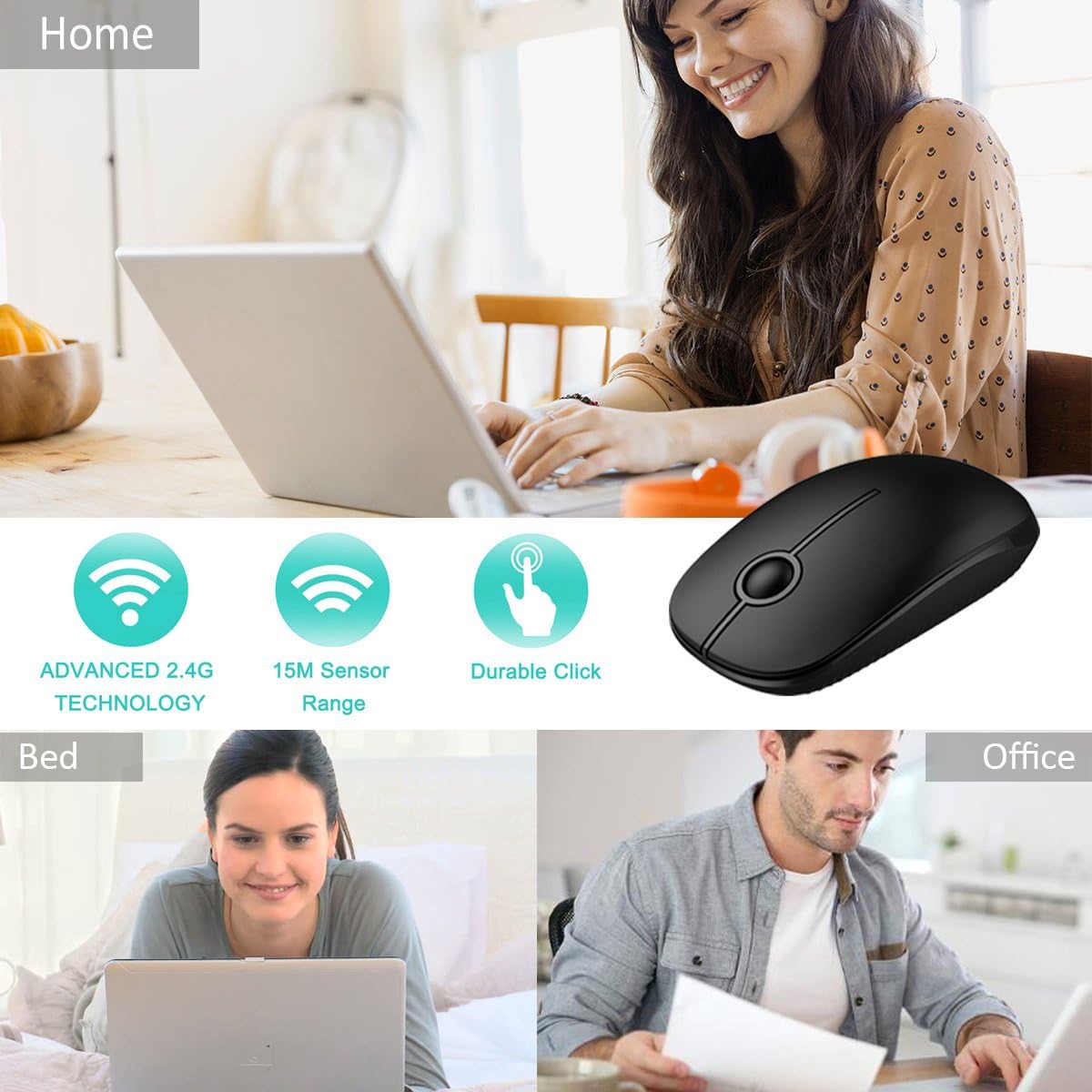 Wireless Mouse, Vssoplor 2.4G Slim Portable Computer Mice with Nano Receiver for Notebook, PC, Laptop, Computer (Black and Sapphire Blue)