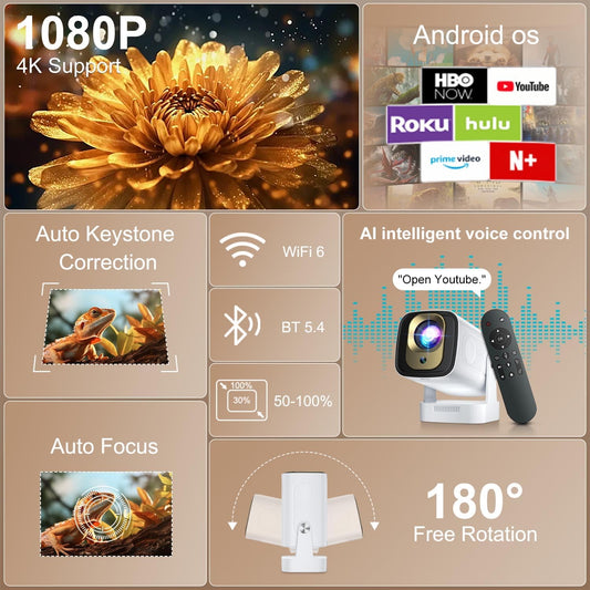 [ Auto Focus/Keystone ] Smart Projector with WiFi and Bluetooth 5.4, SALANGE 1080P Native Projectors 4K, Short Throw Projector w Built in Apps, Android 11, Mini Portable Proyector HY260pro - PuriLite