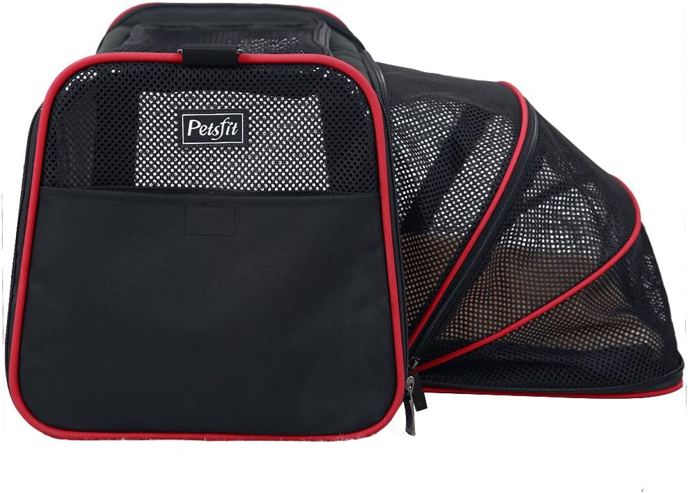 Petsfit Expandable Cat Dog Carrier Airline Approved, 17" L x 11" W x 11" H Soft-Sided Portable Pet Travel Carrier for Kitten, Puppy, Removable Soft Plush Mat and Pockets, Auto-Locking Zippers