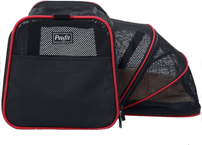 Petsfit Expandable Cat Dog Carrier Airline Approved, 17" L x 11" W x 11" H Soft-Sided Portable Pet Travel Carrier for Kitten, Puppy, Removable Soft Plush Mat and Pockets, Auto-Locking Zippers