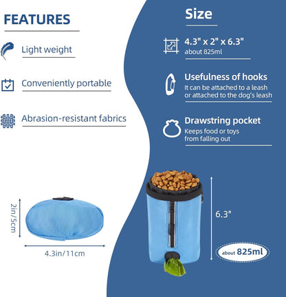 Ownpets Dog Treat Pouch, Pet Training Treat Bag with Drawstring Closure Design, Dog Treat Bag for Dogs Walks,Outdoor Activities, with Poop Bag Dispenser& Reflective Strip, 825ml Capacity (Blue)