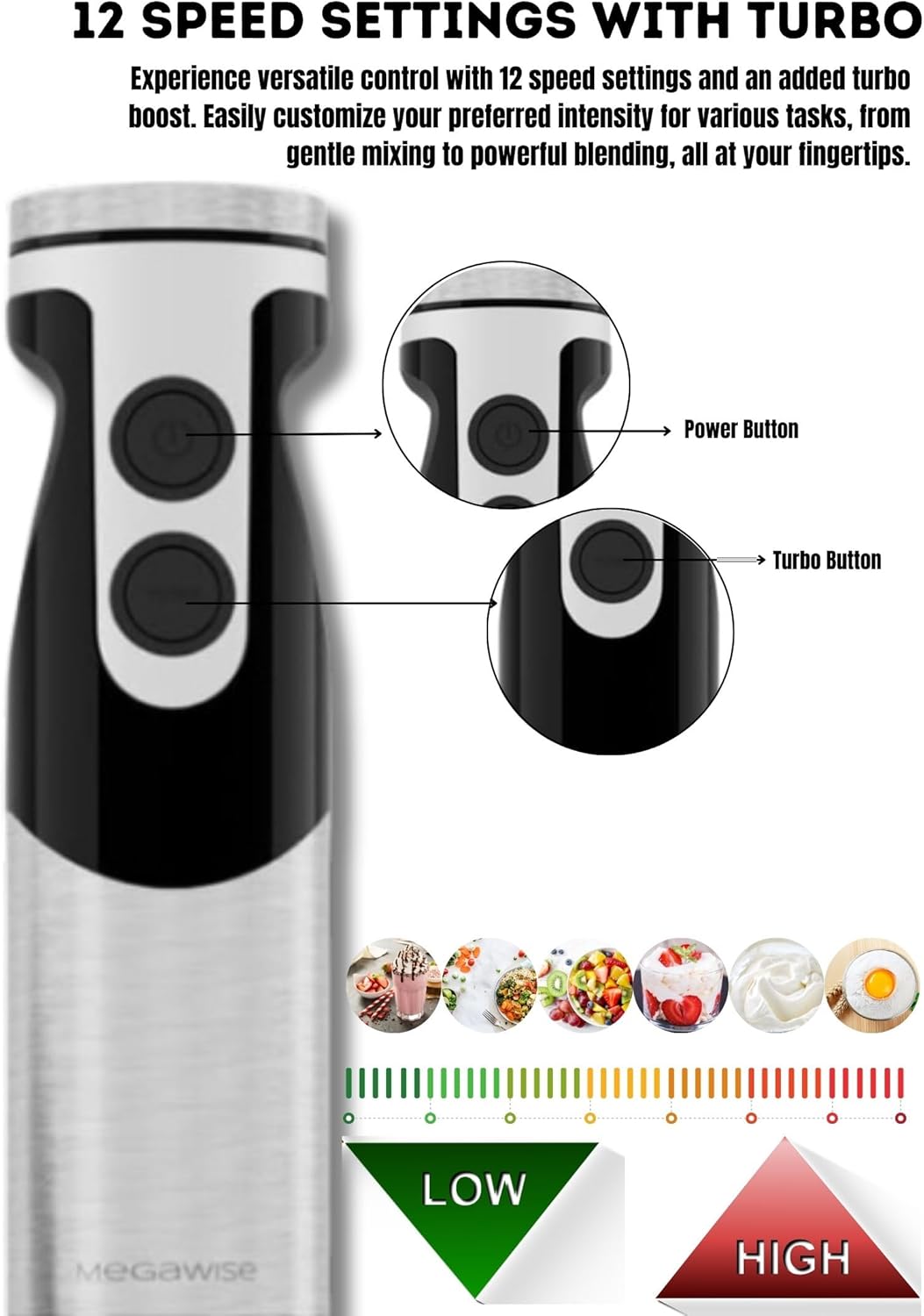 MEGAWISE new Hand Blender Series Only one Hand Blender,no attachments,12-Speed,Includes Powerful Blender Stick- Easy to Clean and Perfect for Smoothies, and More (Black)