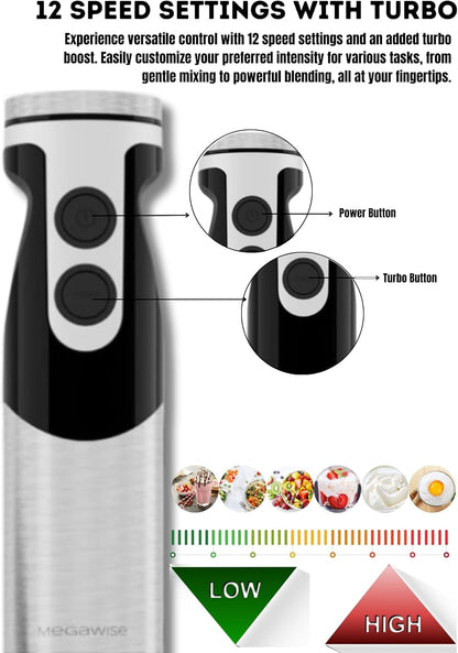MEGAWISE new Hand Blender Series Only one Hand Blender,no attachments,12-Speed,Includes Powerful Blender Stick- Easy to Clean and Perfect for Smoothies, and More (Black)