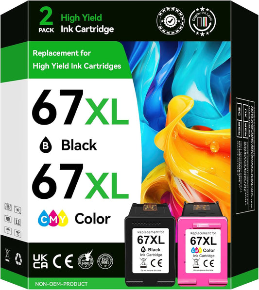 67XL Ink Cartridges Compatible for HP 67 Ink Cartridges Combo Pack Black Color Fit for Deskjet 2855e 4255e 2700 2755e 2734e 2842e 4255e 2723e 4155e 2742e 4100 Envy 6455e 6055e 6000 Printer