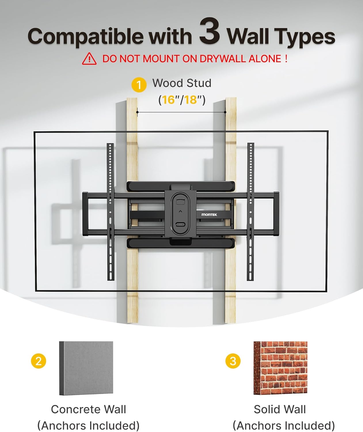 monTEK Heavy Duty TV Wall Mount for 43"–100" TVs, Pre-Assembled & 132lbs 4X Tested, Full Motion TV Mount with Tool-Free Tilt/Swivel/Extension, Max VESA 800x600, Fits 16"/18" Studs - PuriLite