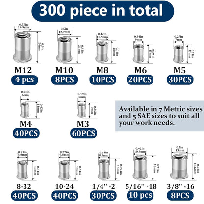 Vifmy Metric & SAE Rivet Nut Assortment Kit(420 Pcs),m3 m4 m5 m6 m8 m10 m12#6-32#8-32#10-24 1/4"-20 5/16"-18 3/8"-16 UNC Flat Head Rivnut Set,Zinc Plated Finish Carbon Steel Nutsert
