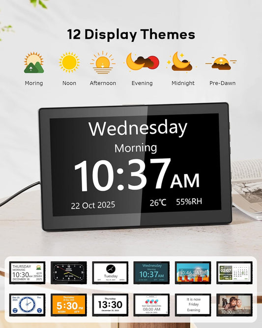 10.1'' Large Display Dementia Clock for Seniors, Calendar Clock with Remote Control,12 Themes, 20 Alarms, 20 Reminders, 6 Languages, Auto Dimming, 12/24 Hours, Indoor Temperature, Humidity - PuriLite
