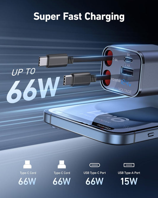 UYOUNG 4-in-1 USB-C Car Charger – Retractable Dual Type-C Cables & 2 USB Ports, Fast Charging for iPhone, Samsung, Android, PD/QC3.0 Compatible, Fits 12V/24V Car Sockets