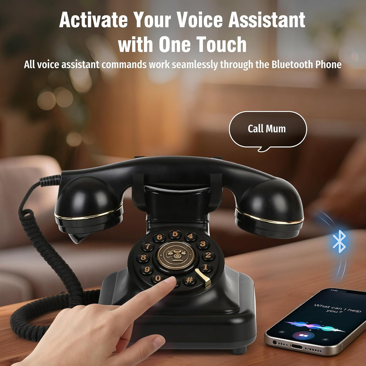 Retro Bluetooth Landline Phone with Voice Assistant, Compatible with Android & iOS, Wireless Home Telephone with Volume Control, USB Rechargeable, Black