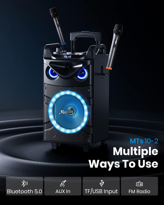 Moukey Karaoke Machine, 10" Woofer Portable PA System, Bluetooth Speaker with 2 Wireless Microphones, Lyrics Display Tablet Holder, Party Lights & Echo/Treble/Bass Adjustment Support REC/AUX/USB/TF - PuriLite