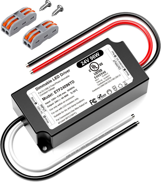 96W 24V Dimmable LED Driver UL Listed, DC 24V Triac ELV/MLV LED Dimmable Power Supply Compatible with Lutron & Leviton Switches 96 Watt LEDs Transformer 24 Volt Smooth Flicker Free Dimming