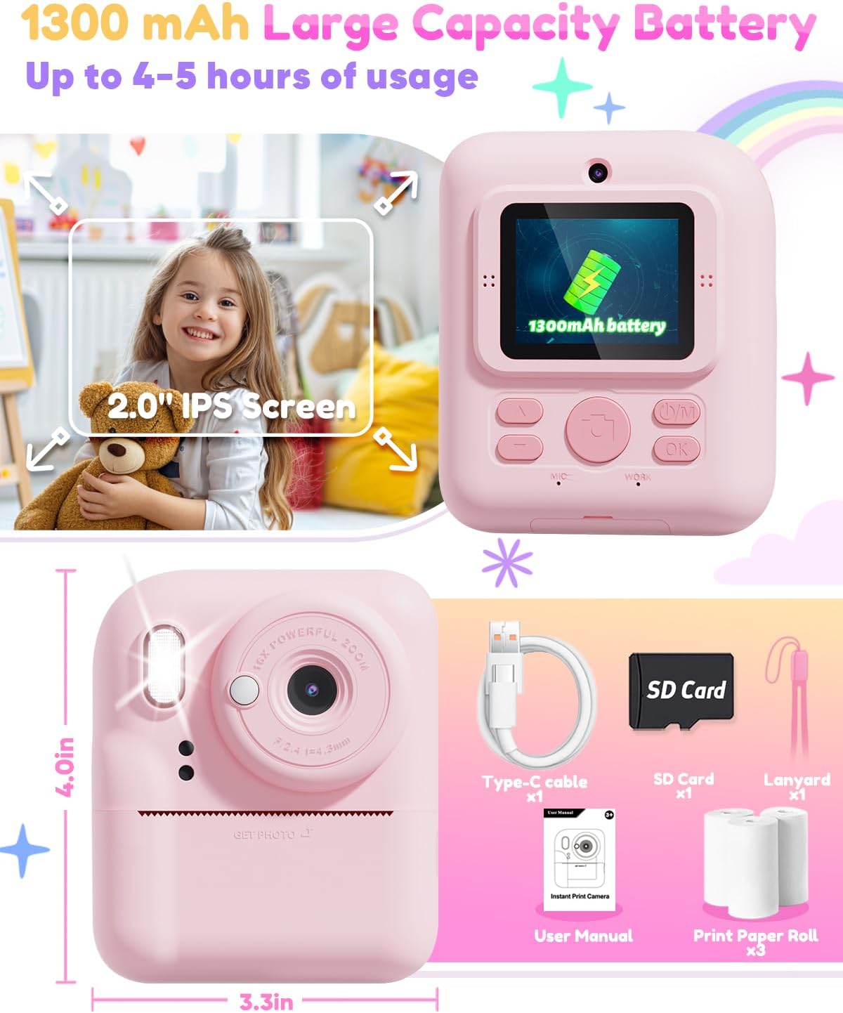 Pussan Kids Camera Instant Print, 1080P Instant Print Camera Toys for 3-12 Year Old Girls, Christmas Birthday Gifts for Age 3 4 5 6 7 Girls, Kids Digital Camera Toys with 3 Rolls Print Paper-Pink