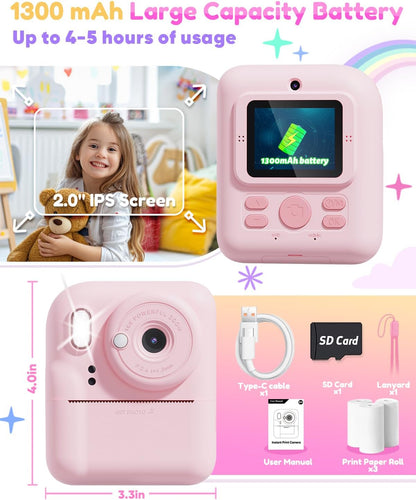 Pussan Kids Camera Instant Print, 1080P Instant Print Camera Toys for 3-12 Year Old Girls, Christmas Birthday Gifts for Age 3 4 5 6 7 Girls, Kids Digital Camera Toys with 3 Rolls Print Paper-Pink
